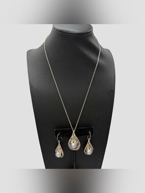 Sterling Silver Grey Pearl Nest Israel 925 Necklace & Earrings Vintage